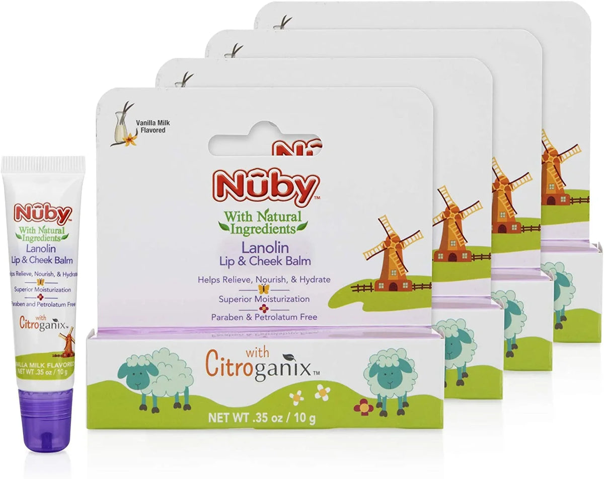 Dr. Talbot's Lanolin Lip & Cheek Balm for Baby, Naturally Burgundy with Citroganix, Nuby, Vanilla Milk Flavor, 4 Pack
