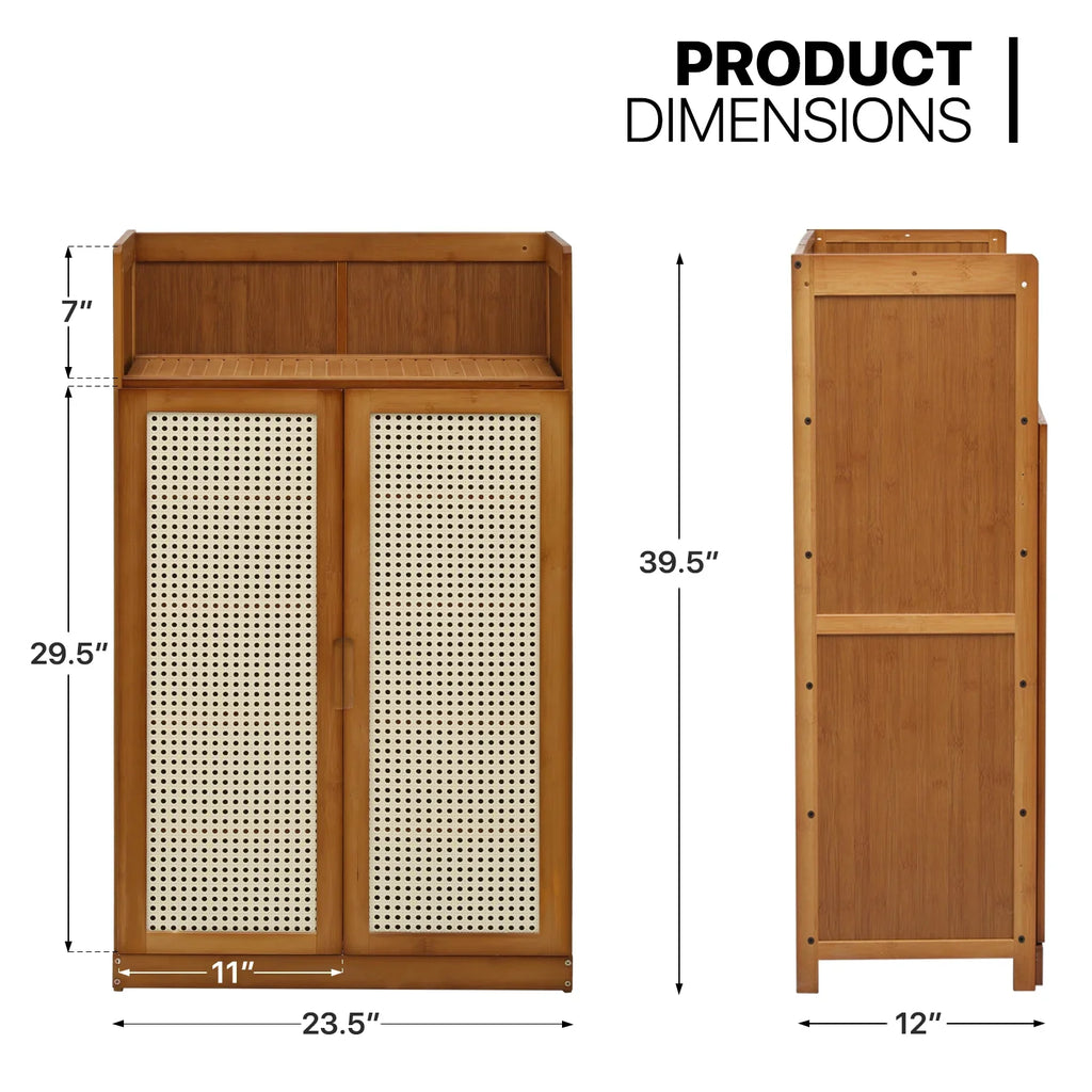 MoNiBloom Bamboo 6-Tiers Shoe Cabinet, 20 Pairs Heels Sneakers Storage Cabinet with ABS Rattan Doors, Shoe Rack Organizer with Wide Countertop and Shelves, Brown
