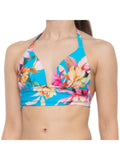 LA BLANCA Feminine Blue Tropical Print Shirring Tie Sweetheart Molded Cup Halter Swimsuit Top 4