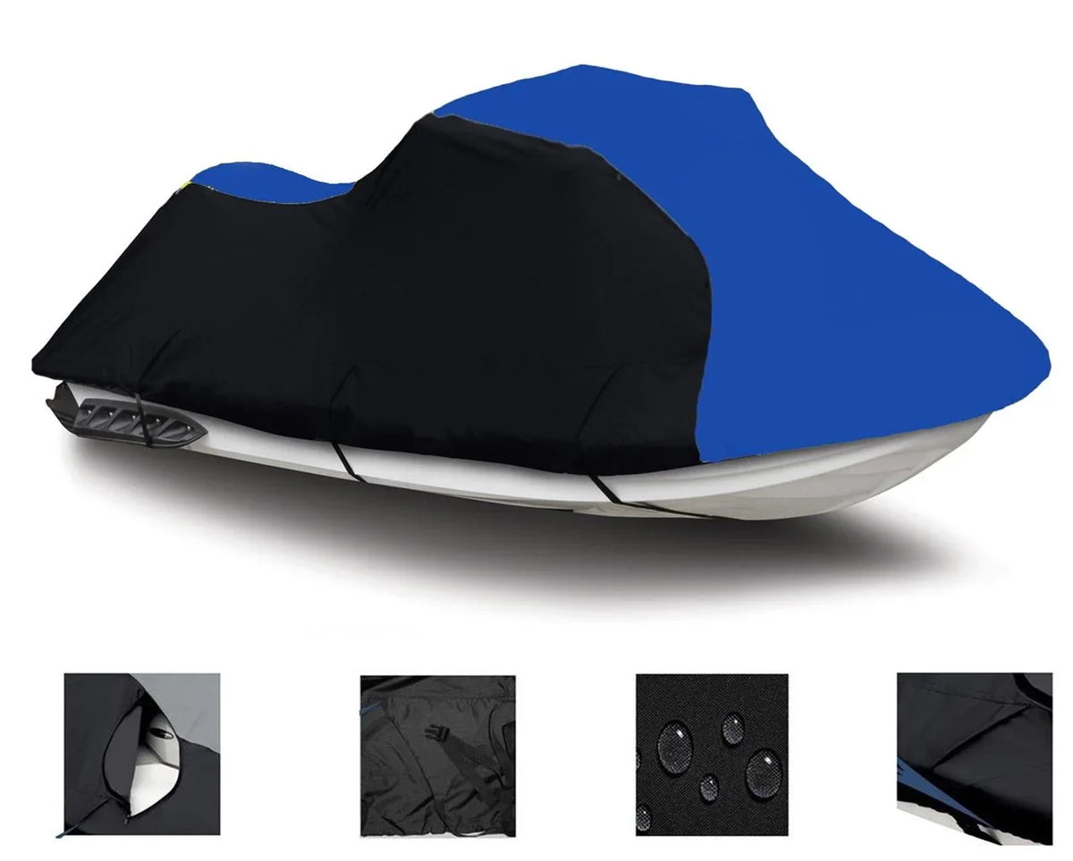 BLACK / BLUE HEAVY-DUTY Cover Compatible for KAWASAKI Jet Ski Ultra 130 1999 2000 2001 2002 2003 2004 / 150 1998 1999 2000 2001 2002 2003 2004 2005 PWC Cover Jet Ski Watercraft Cover 2 Seater
