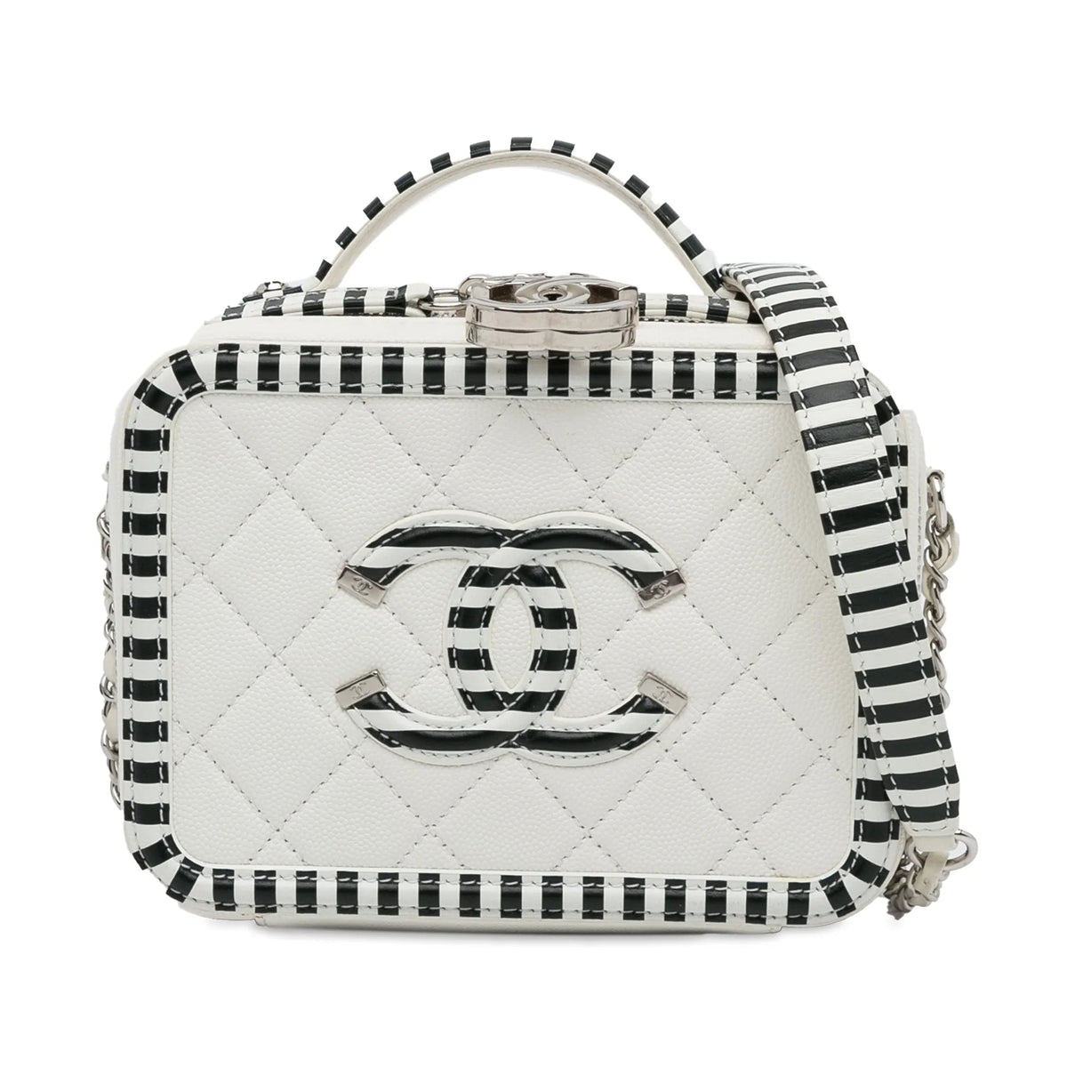 Pre-Owned Authenticated Chanel Small Caviar CC Filigree Vanity Bag Leather White Unisex (Like New)