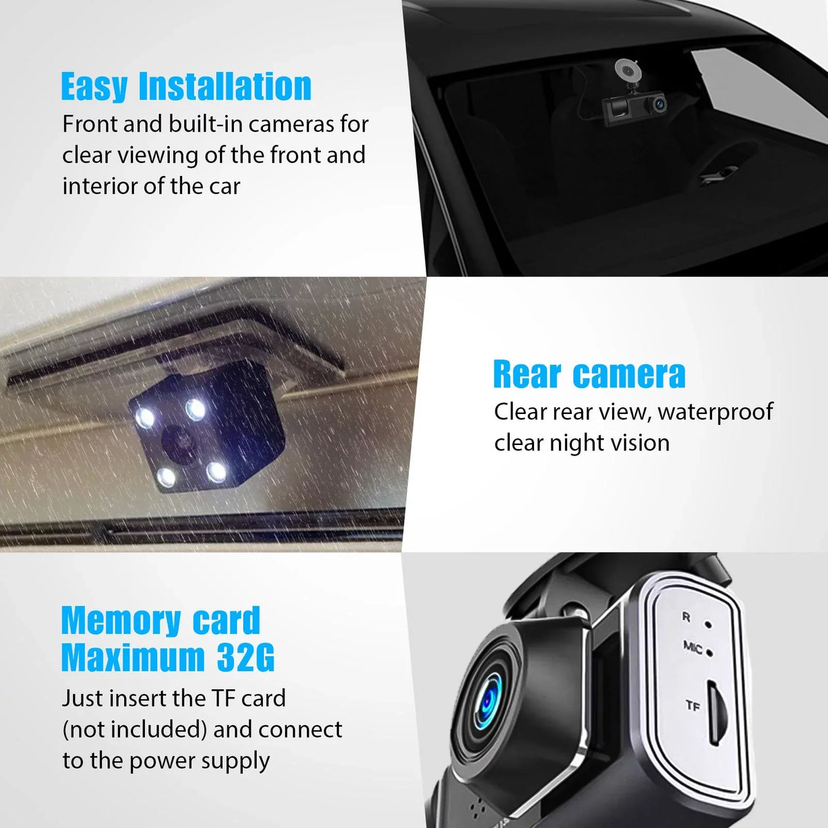3 Channel Dash Cam Front and Rear Inside W/32GB TF Card, Full HD 1080P Dash Camera for Cars, Dashcam Three Way Triple Car Camera W/IR Night Vision, Loop Recording, G-Sensor, Parking Monitor