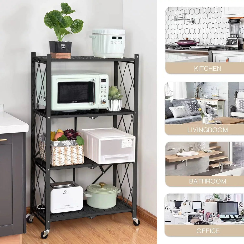 SUGIFT 4-Tier Foldable Storage Shelf, Heavy Duty Metal Shelf, Kitchen Shelf with 3 Hooks, Black