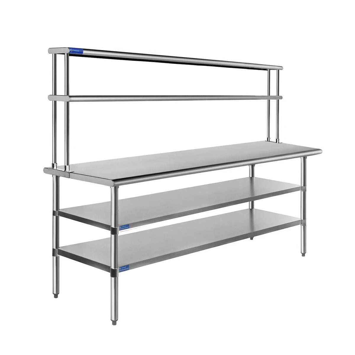 30" x 60" Stainless Steel Work Table With Two Shelves | 12" Wide Double Tier Overshelf | Metal Kitchen Prep Table & Shelving Combo