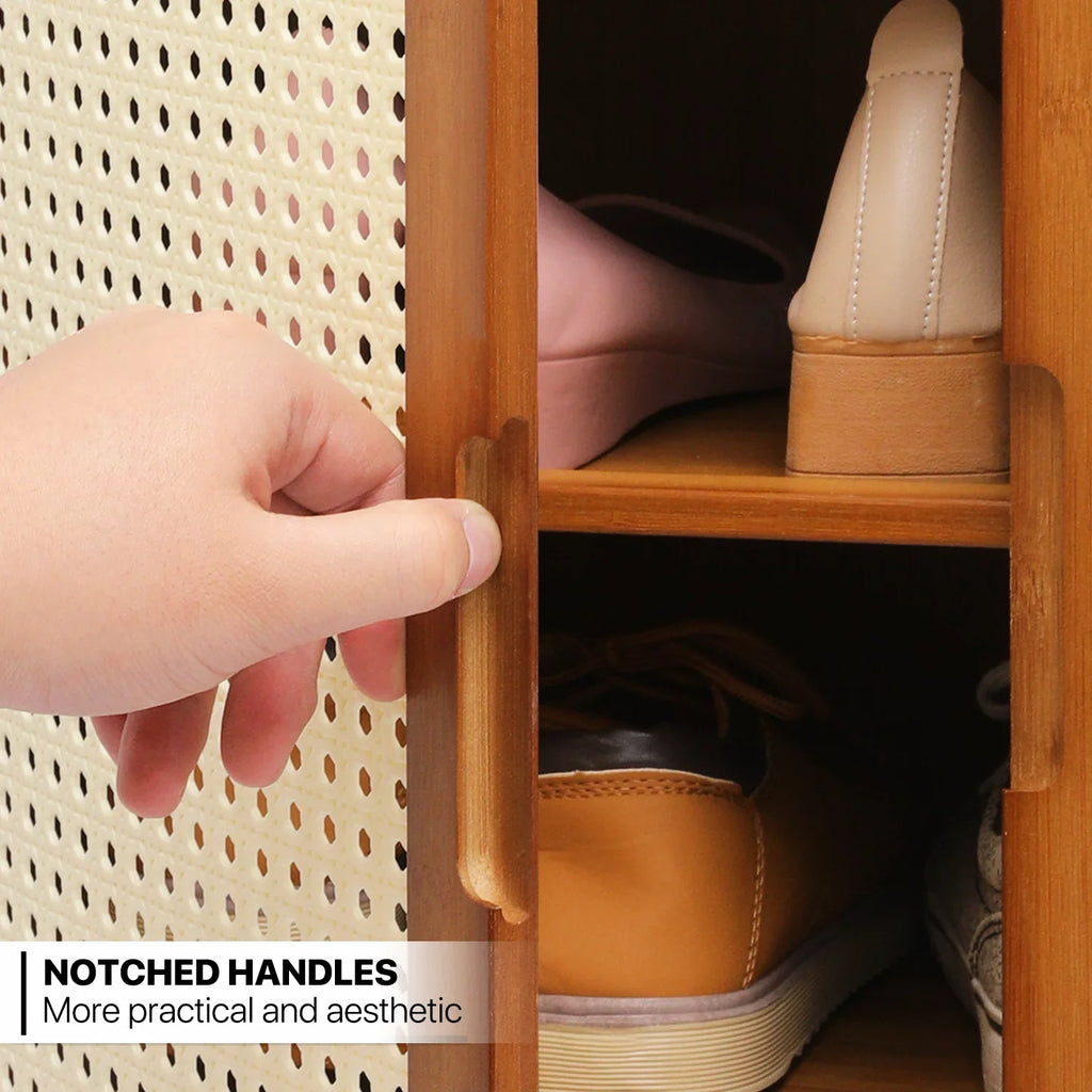 MoNiBloom Bamboo 6-Tiers Shoe Cabinet, 20 Pairs Heels Sneakers Storage Cabinet with ABS Rattan Doors, Shoe Rack Organizer with Wide Countertop and Shelves, Brown