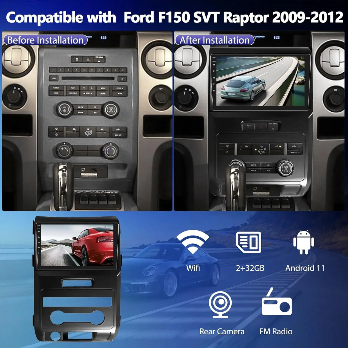 THONZER for Ford F150 SVT Raptor 2009 2010 2011 2012 Radio, Android 11 Car Stereo with Wireless CarPlay Android Auto GPS Navigation 9” HD Touchscreen Bluetooth Car Radio with FM/WiFi Backup Camera&MIC