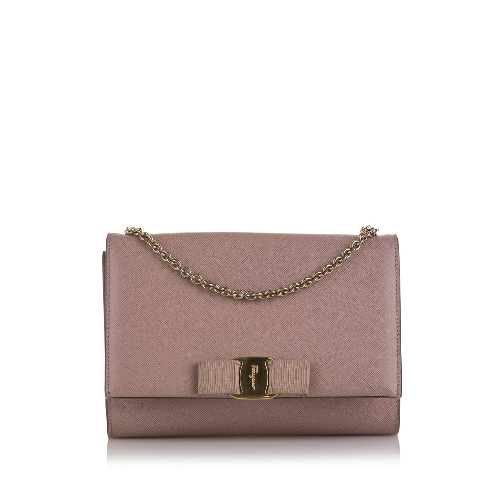 Pre-Owned Authenticated Ferragamo Small Vara Ginny Crossbody Calf Leather Blush Crossbody Bag Unisex (Good)
