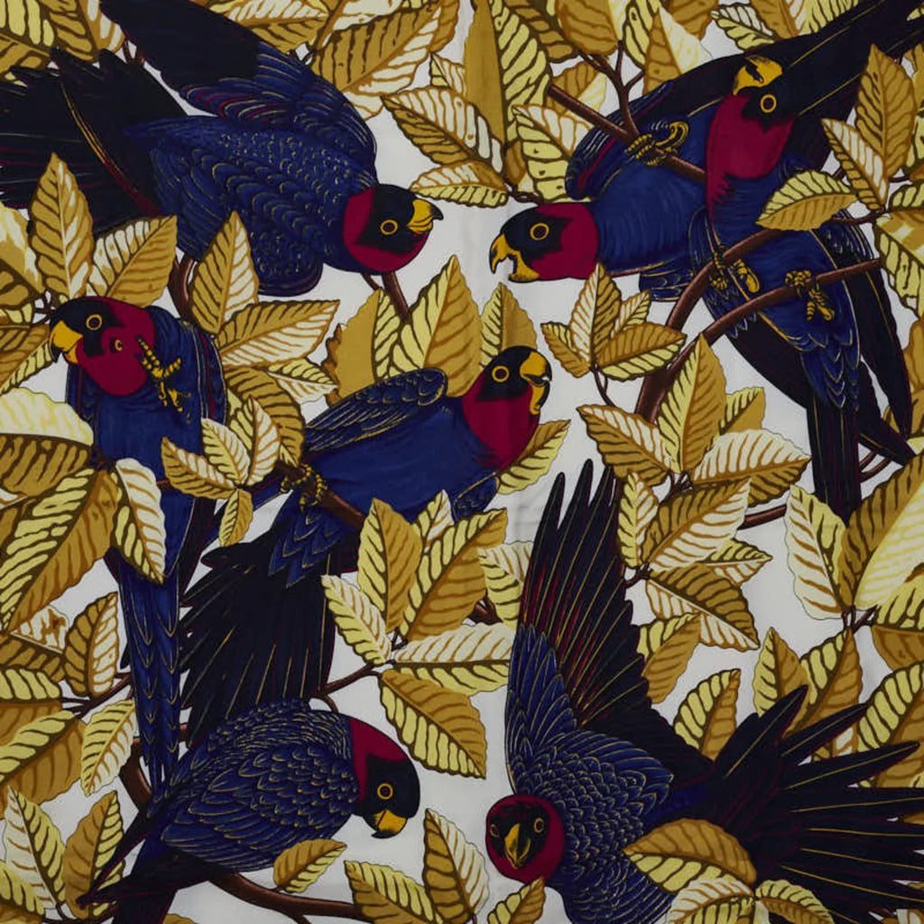 Pre-Owned Hermes Carre90 Les Perroquets detail Bird Parrot Scarf Muffler Gold Navy Silk Ladies HERMES (Good)