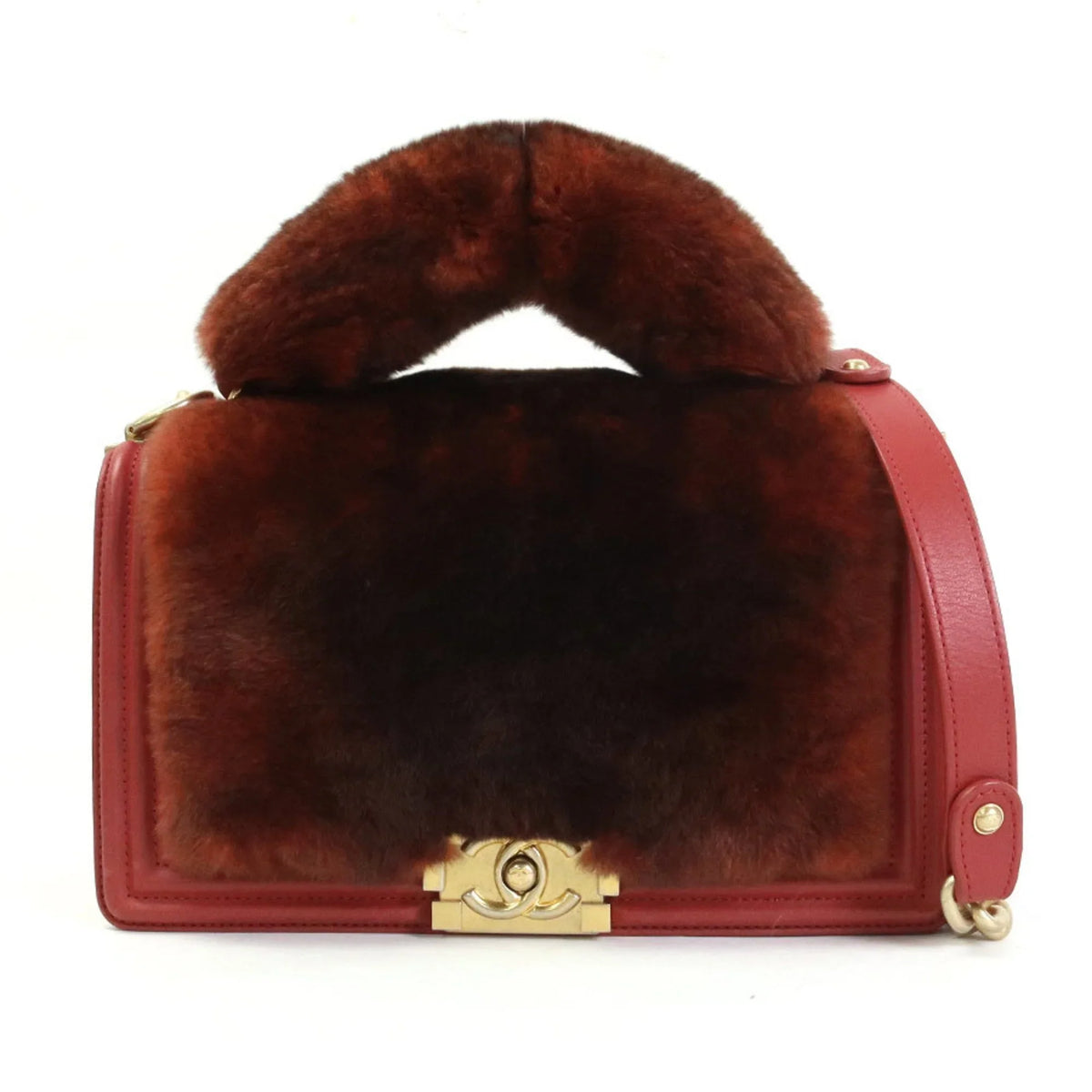 Pre-Owned Chanel CHANEL handbag diagonal shoulder bag boy fur/leather brown Crimson gold ladies e55871a (Good)