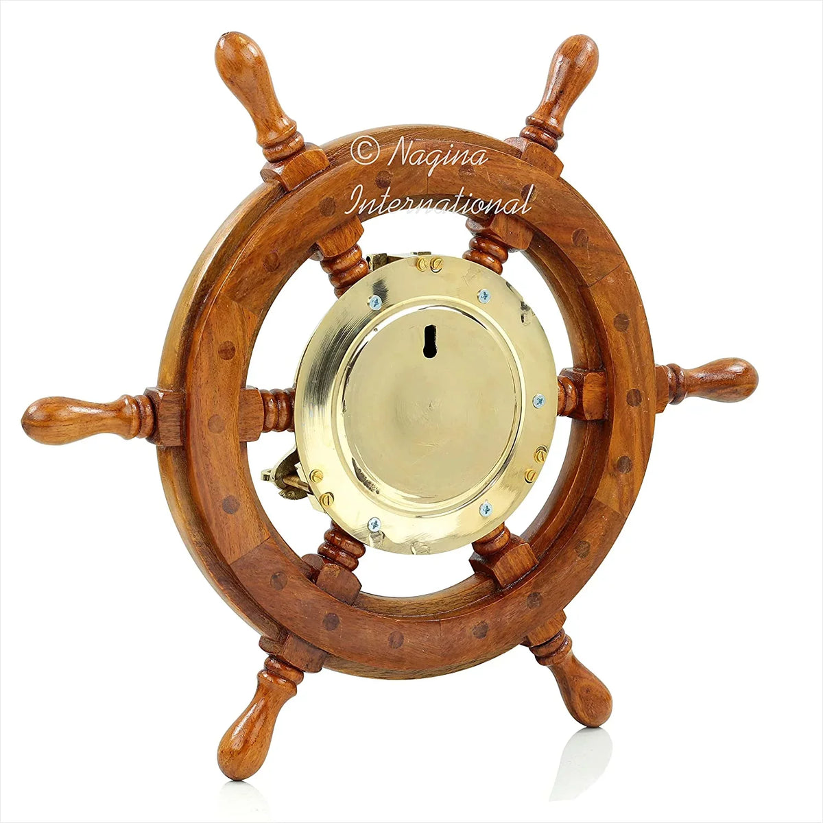 Nagina International Nautical Premium Wide Brass Porthole Ship Wheel Clock | Wall Hanging | Numerals | Vintage Gift (42 Inches)