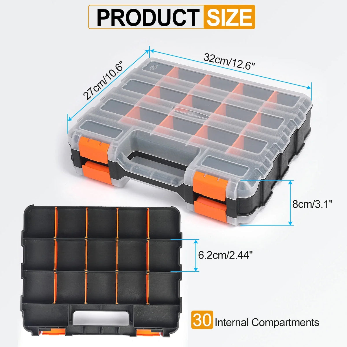 Uxcell 2pcs Double Side Tool Organizer 12.6"x10.6"x3.1" 30-Compartment Hardware Storage Box with Removable Dividers