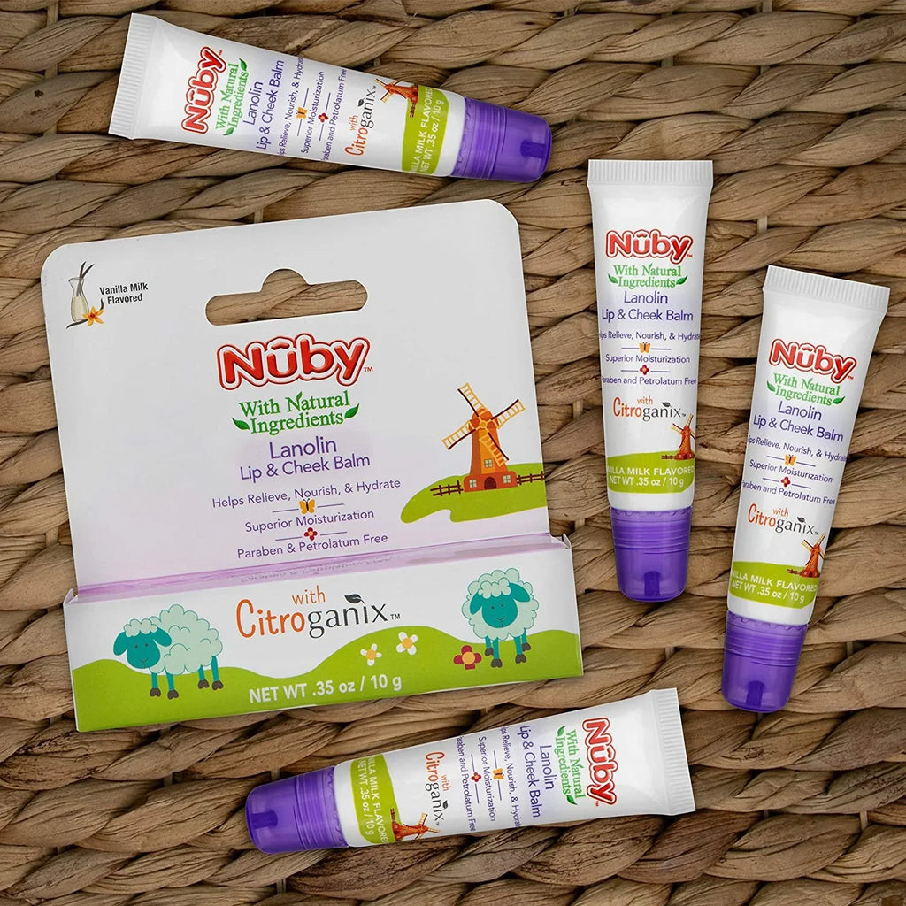Dr. Talbot's Lanolin Lip & Cheek Balm for Baby, Naturally Burgundy with Citroganix, Nuby, Vanilla Milk Flavor, 4 Pack