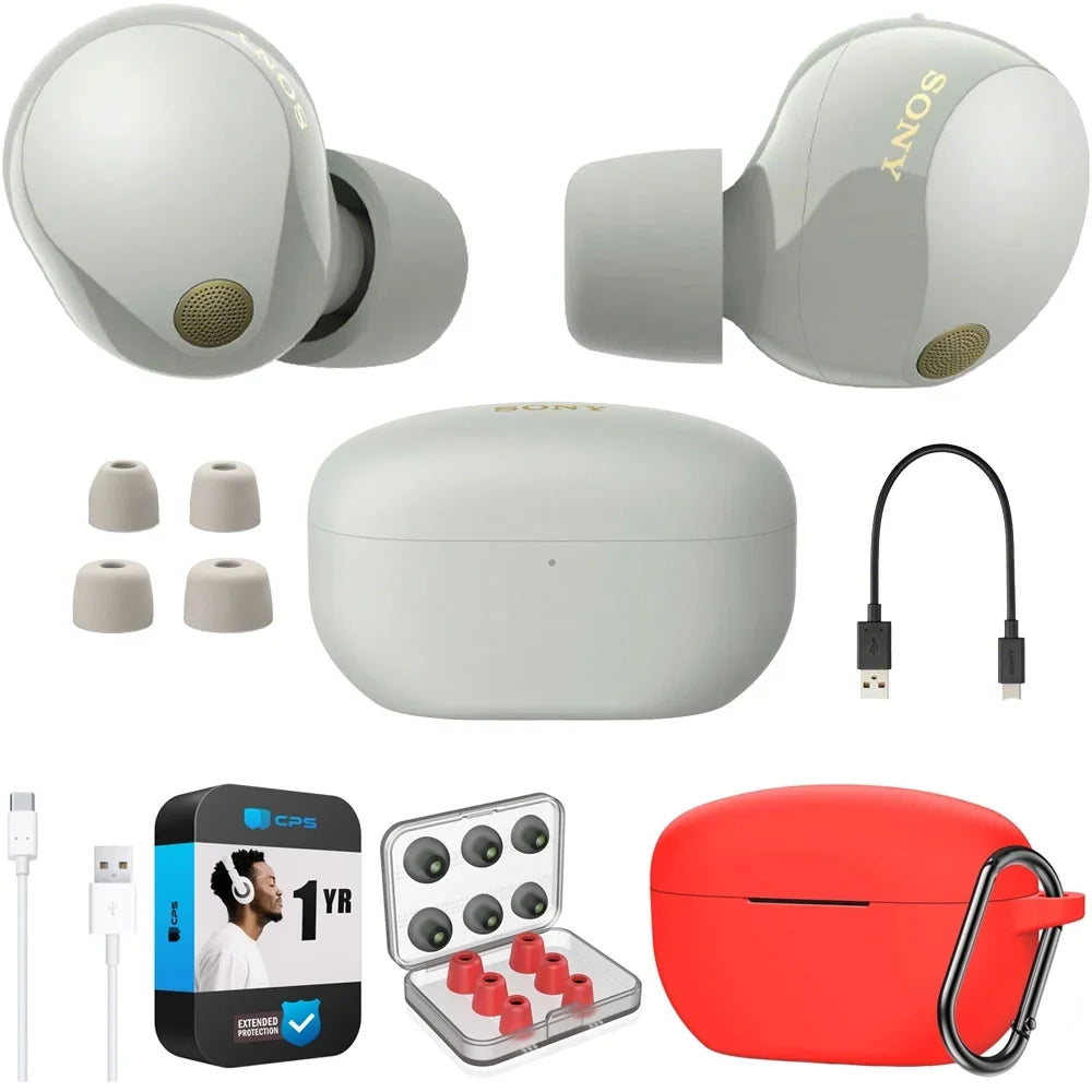 Sony WF-1000XM5 Industry Leading Noise Canceling Truly Wireless Earbuds (Silver) Bundle with Silicone Case Scarlet Memory Foam Ear Tips, USB-A to USB-C Cable & 1 YR CPS Enhanced Protection Pack