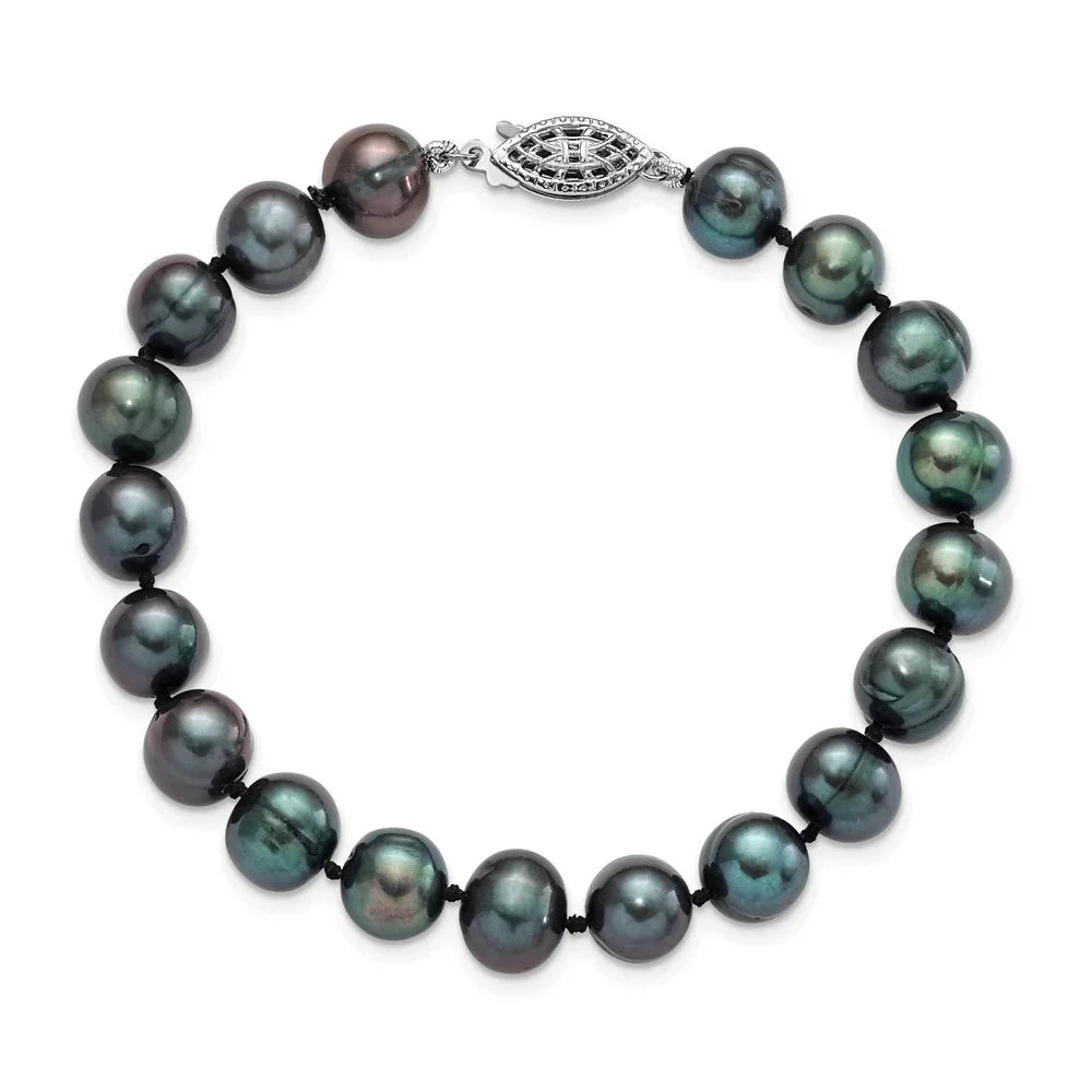 Auriga Fine Jewelry 925 Sterling Silver 8-9mm Black Fwc Pearl Bracelet 7.25inch for Female