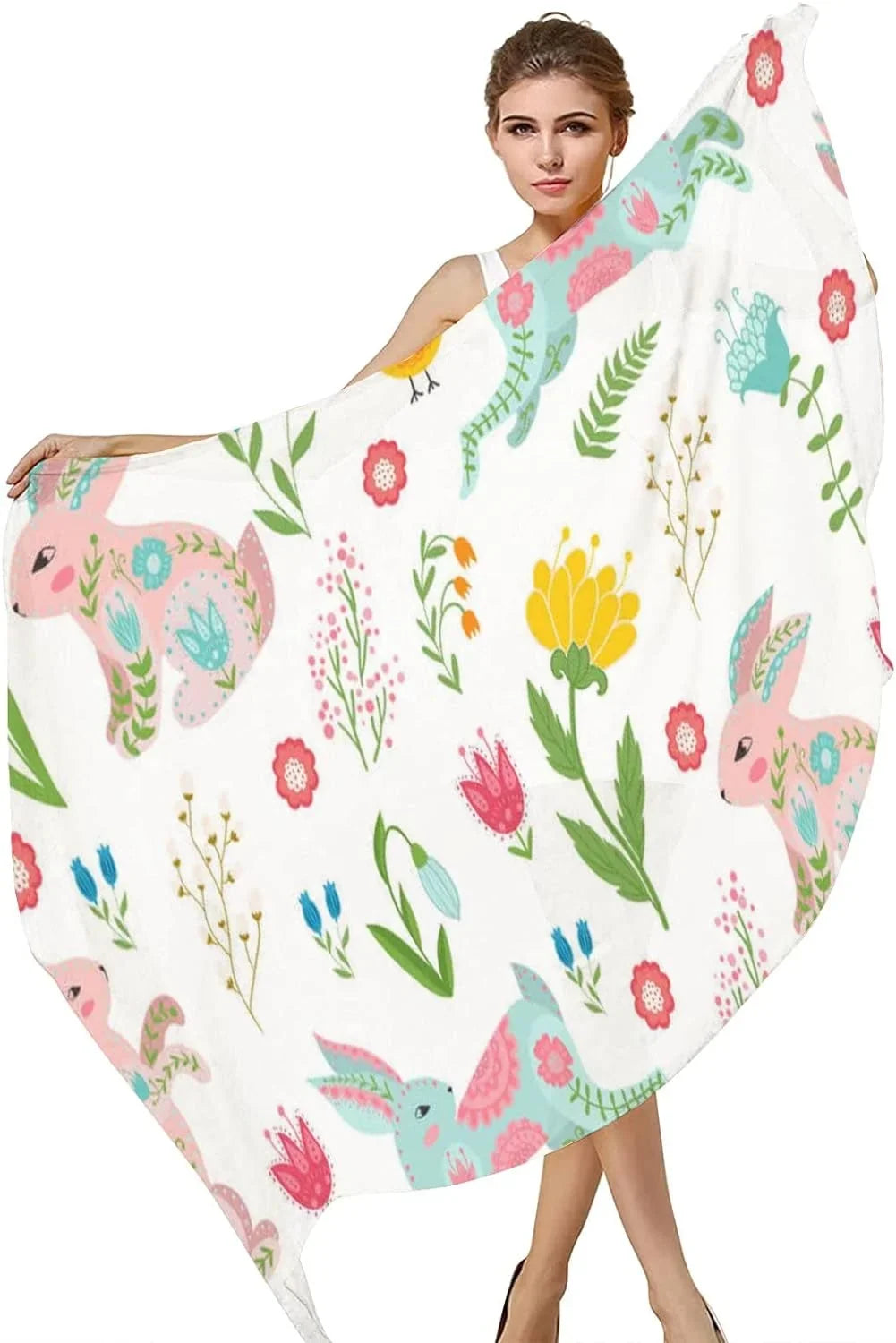 Hyjoy Easter Rabbits and Chicken in Floral Long Silk Neck Scarf Lightweight Shawl Wrap Scarves for Feminine Girls
