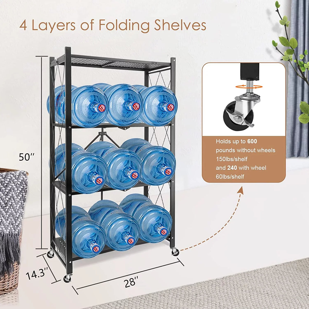 SUGIFT 4-Tier Foldable Storage Shelf, Heavy Duty Metal Shelf, Kitchen Shelf with 3 Hooks, Black