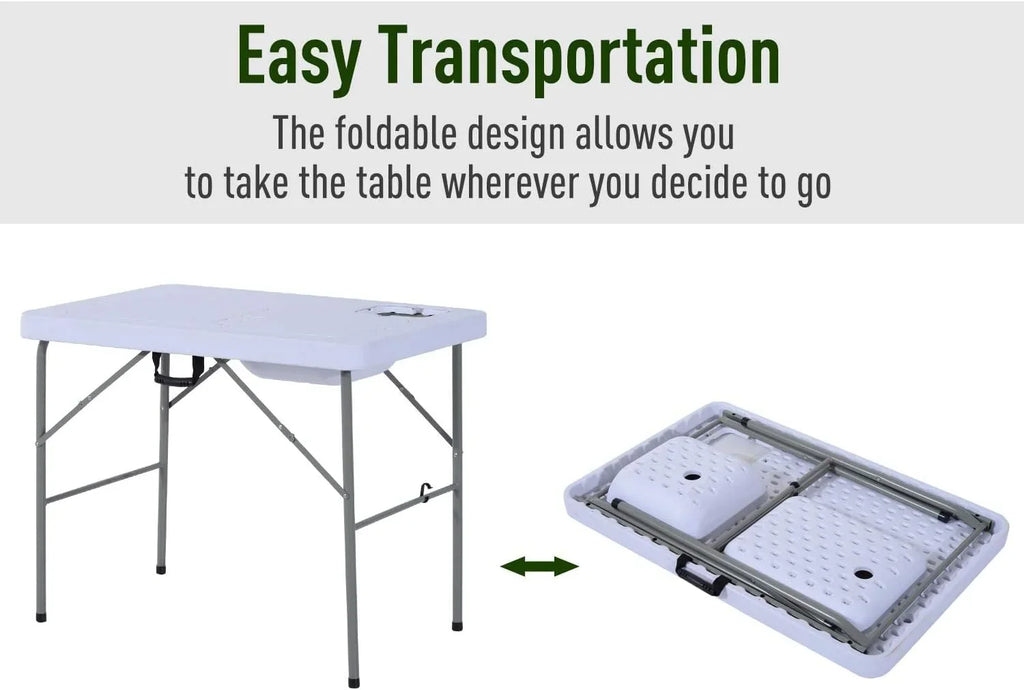 Folding Camping Table with Faucet and Dual Water Basins, Outdoor Fish Table Sink Station, for Picnic, Fishing, 40''