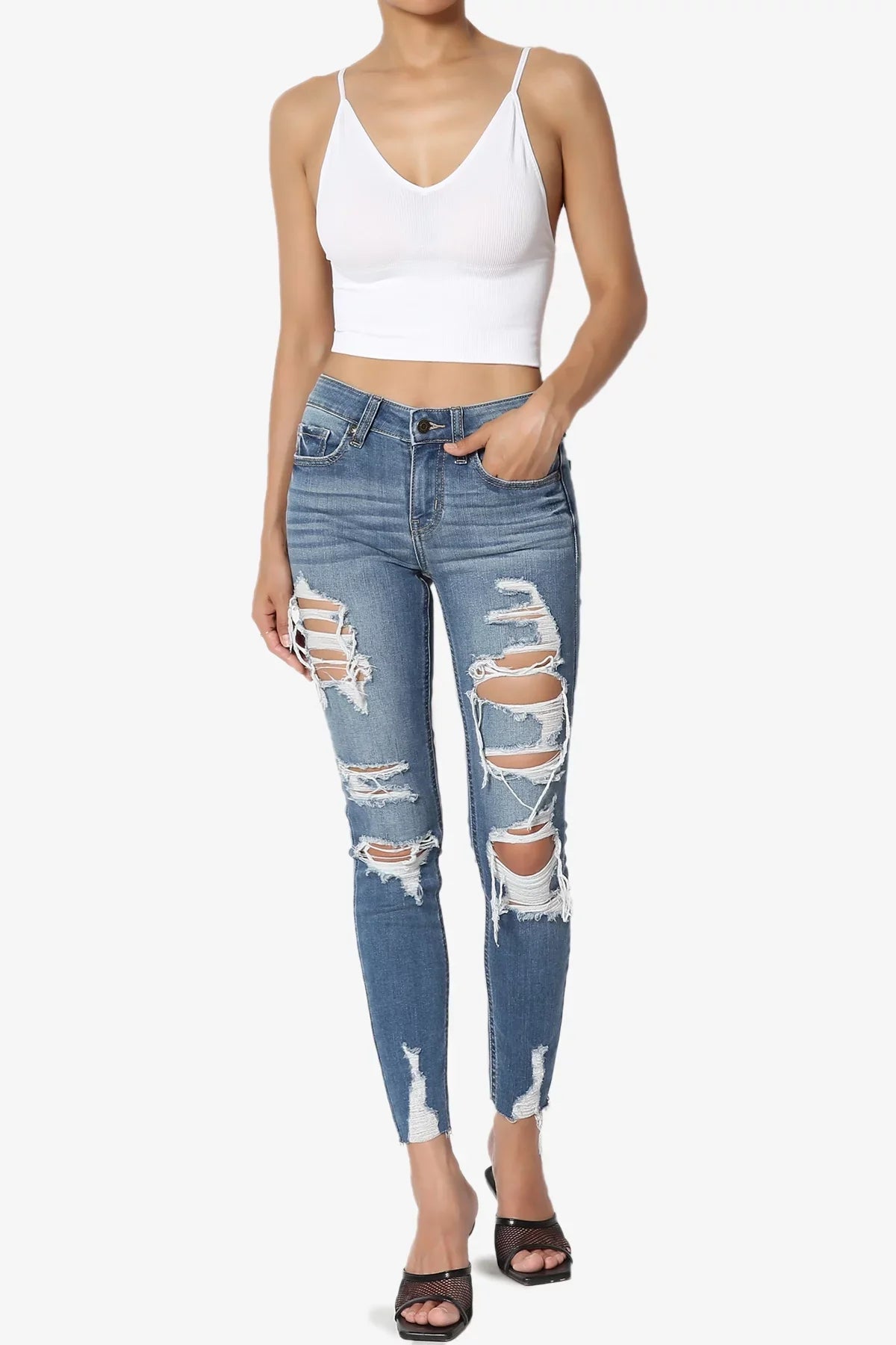 TheMogan Feminine Distressed Ripped Mid Rise Stretch Perfect Skinny Jeans in Deep MD