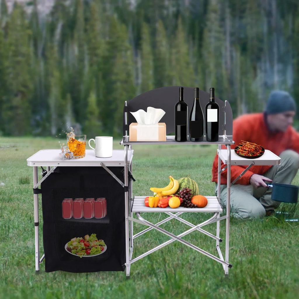 DENEST Folding Camping Kitchen Table Outdoor Cooking Table with Detachable Windscreen