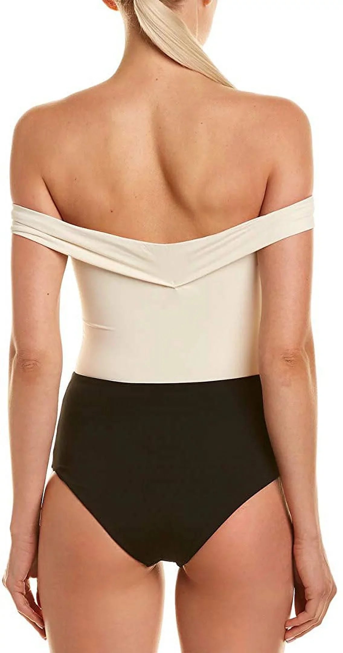 L*Space CREAM/BLACK/CAMEL Anja Off-the-Shoulder One Piece Swimsuit, US 12