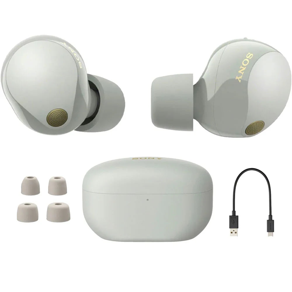 Sony WF-1000XM5 Industry Leading Noise Canceling Truly Wireless Earbuds (Silver) Bundle with Silicone Case Scarlet Memory Foam Ear Tips, USB-A to USB-C Cable & 1 YR CPS Enhanced Protection Pack