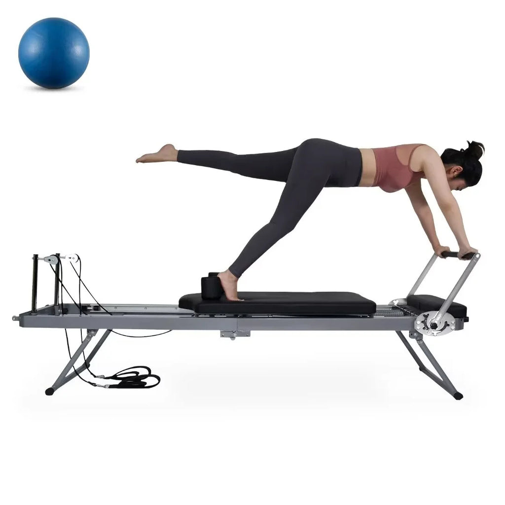 Burgundy Foldable Pilates Reformer,Quiet Pilates Reformer Workout Machine with Spring for Home Gym，Beginners，Up to 300 lbs Weight Capacity
