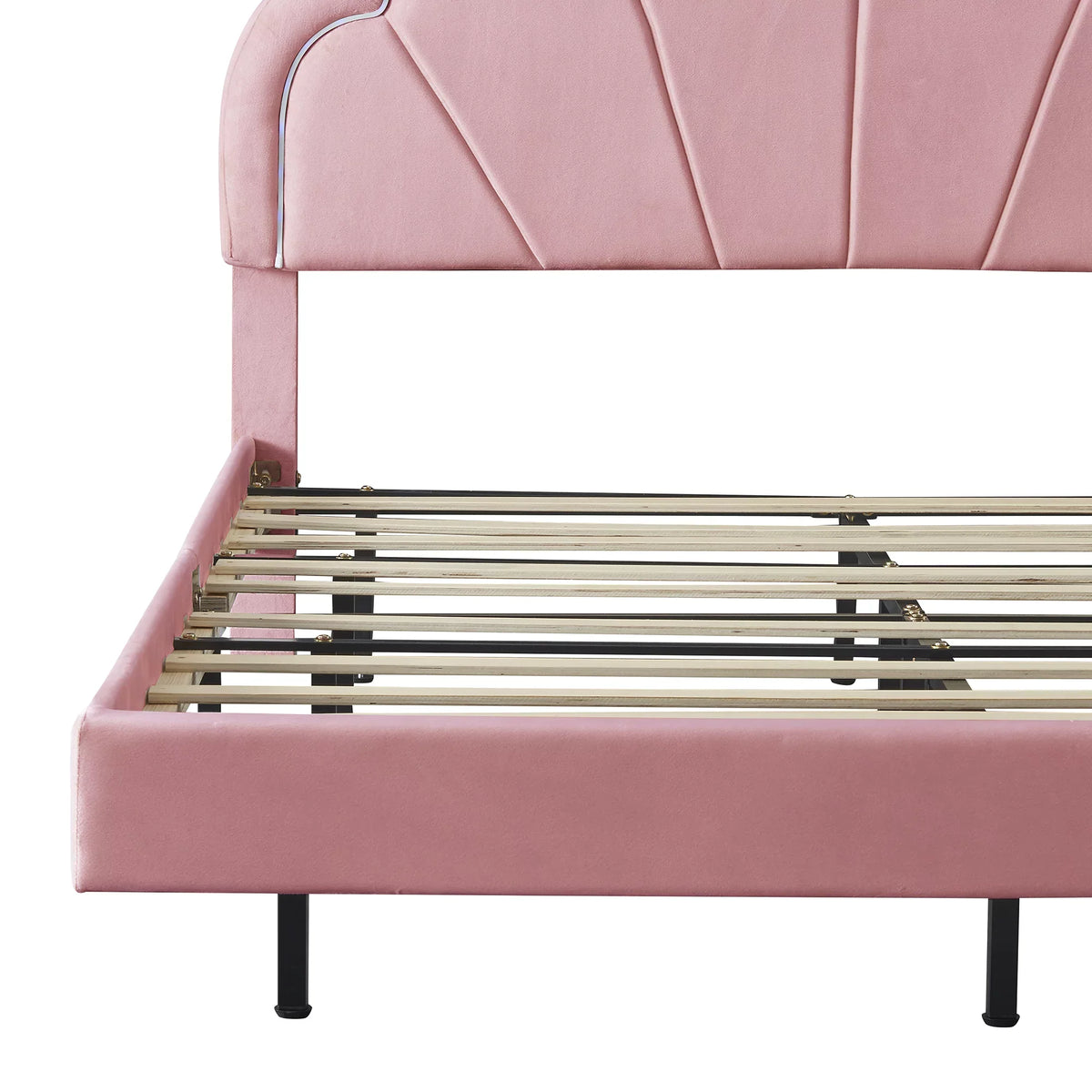 CoSoTower Queen Ruby Smart LED Bed Frame with Elegant Blossoms Headboard,Floating Velvet Platform LED Bed with Wooden Slats Fuchsia