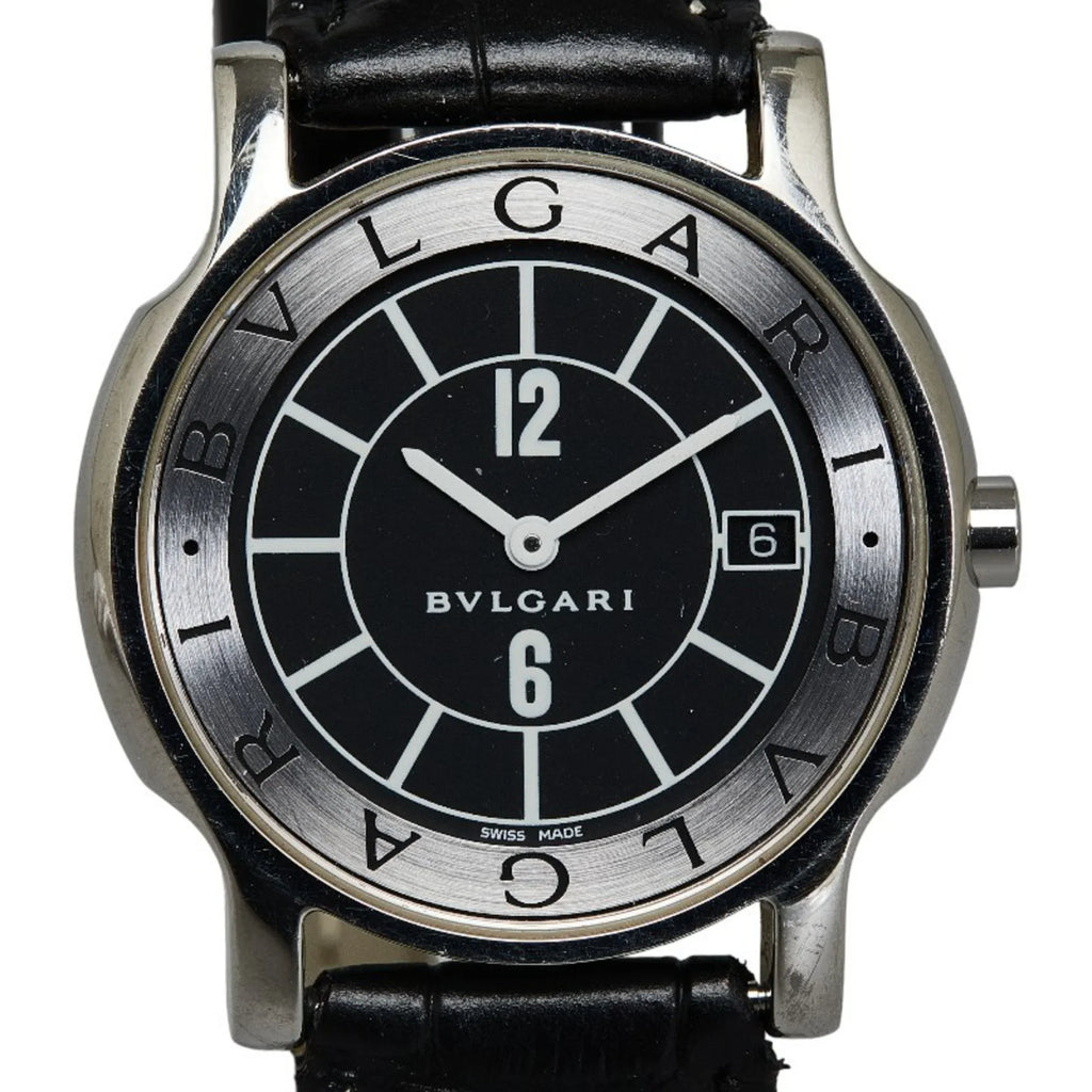 Pre-Owned BVLGARI Solotempo Leather (non-original) Watch ST35S Quartz Black Dial Stainless Steel Feminine (Good)