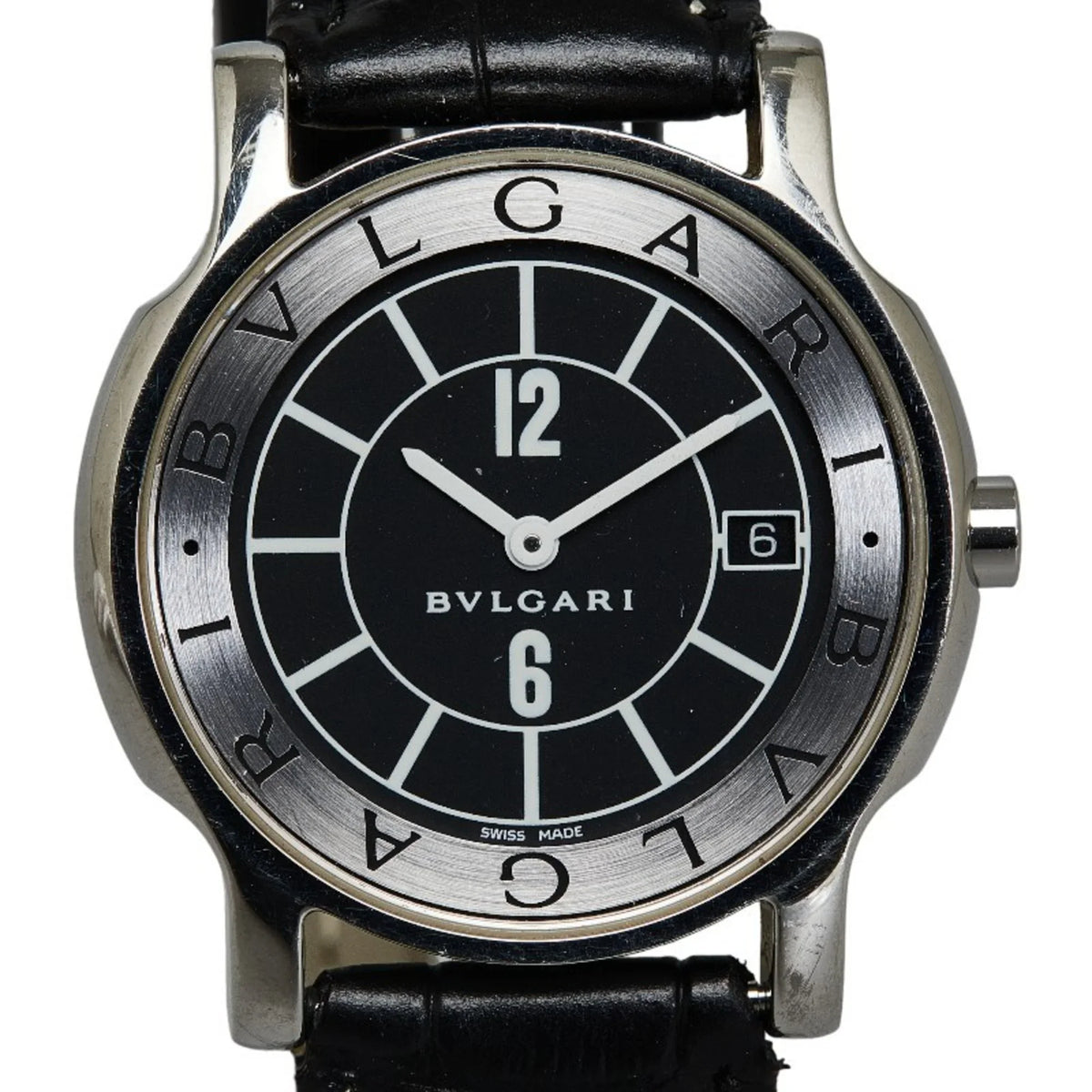 Pre-Owned BVLGARI Solotempo Leather (non-original) Watch ST35S Quartz Black Dial Stainless Steel Feminine (Good)
