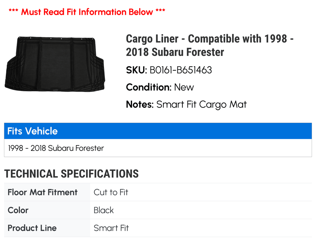 Cargo Liner - Compatible with 1998 - 2018 Subaru Forester 1999 2000 2001 2002 2003 2004 2005 2006 2007 2008 2009 2010 2011 2012 2013 2014 2015 2016 2017