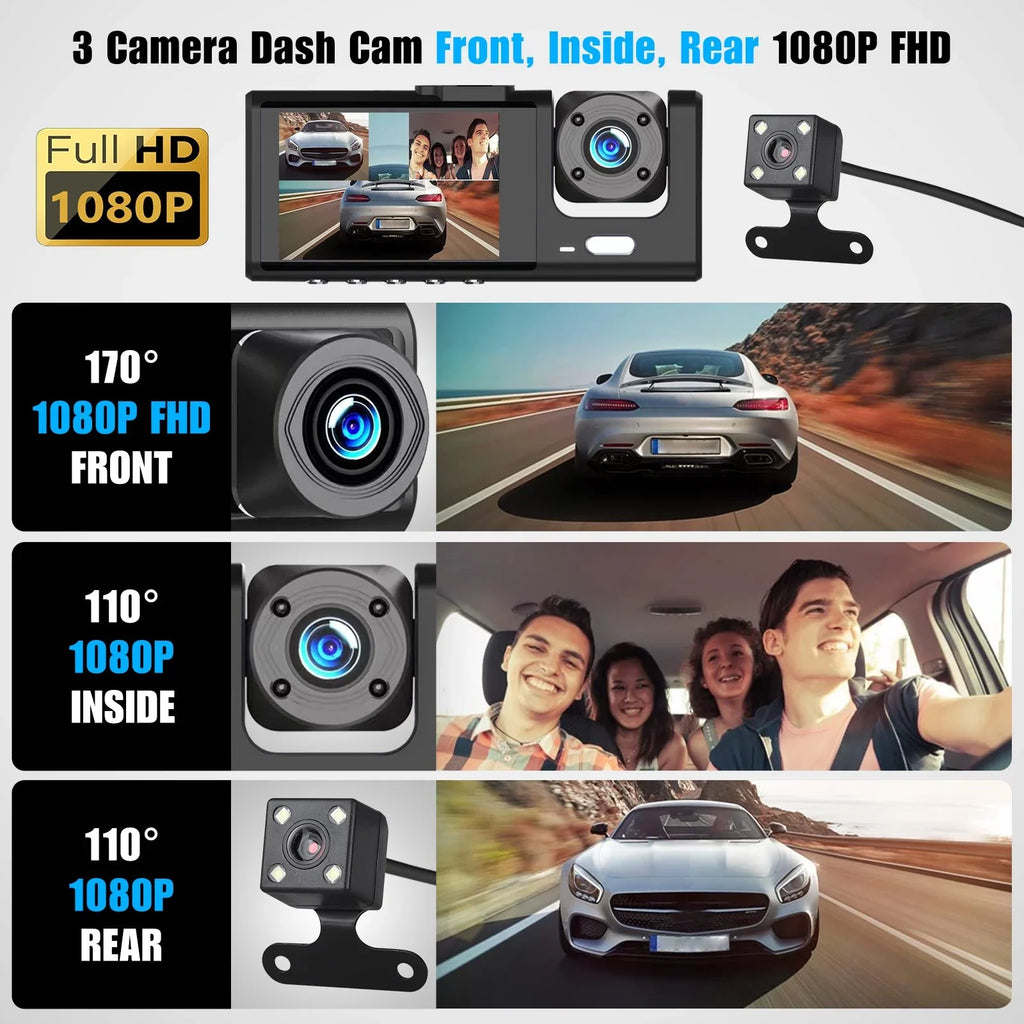 3 Channel Dash Cam Front and Rear Inside W/32GB TF Card, Full HD 1080P Dash Camera for Cars, Dashcam Three Way Triple Car Camera W/IR Night Vision, Loop Recording, G-Sensor, Parking Monitor