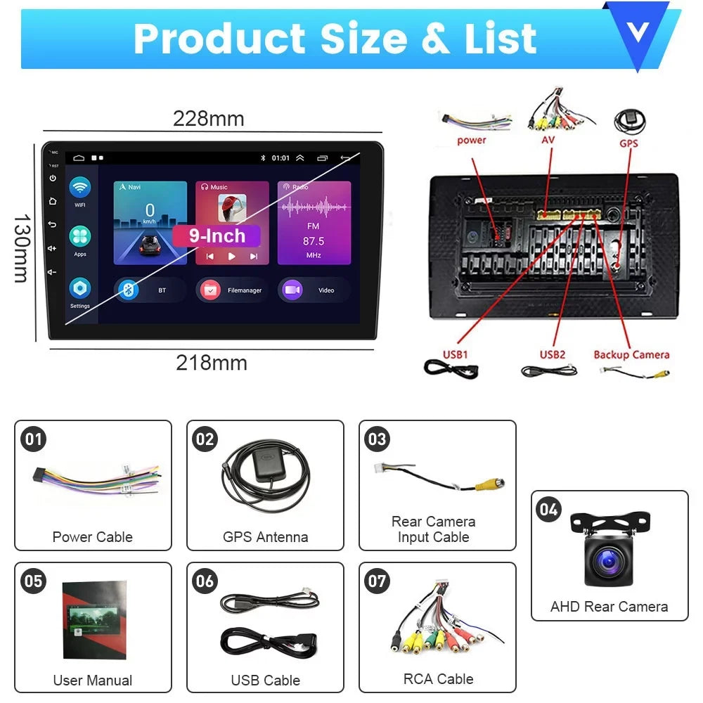 Podofo 2+32G for Toyota RAV4 2007-2012 Wireless Carplay Android Auto Mirror Link 9'' Touchscreen Car Stereo Radio Android 12 HD 1080P WIFI GPS Hifi FM Bluetooth USB Cable, AHD Backup Camera