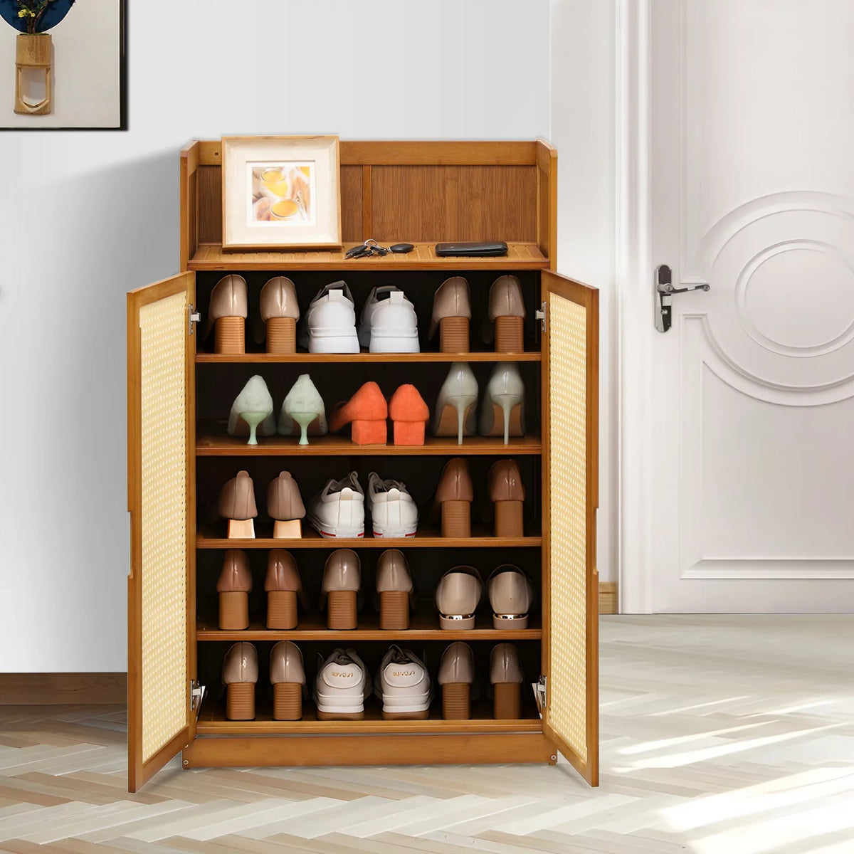 MoNiBloom Bamboo 6-Tiers Shoe Cabinet, 20 Pairs Heels Sneakers Storage Cabinet with ABS Rattan Doors, Shoe Rack Organizer with Wide Countertop and Shelves, Brown