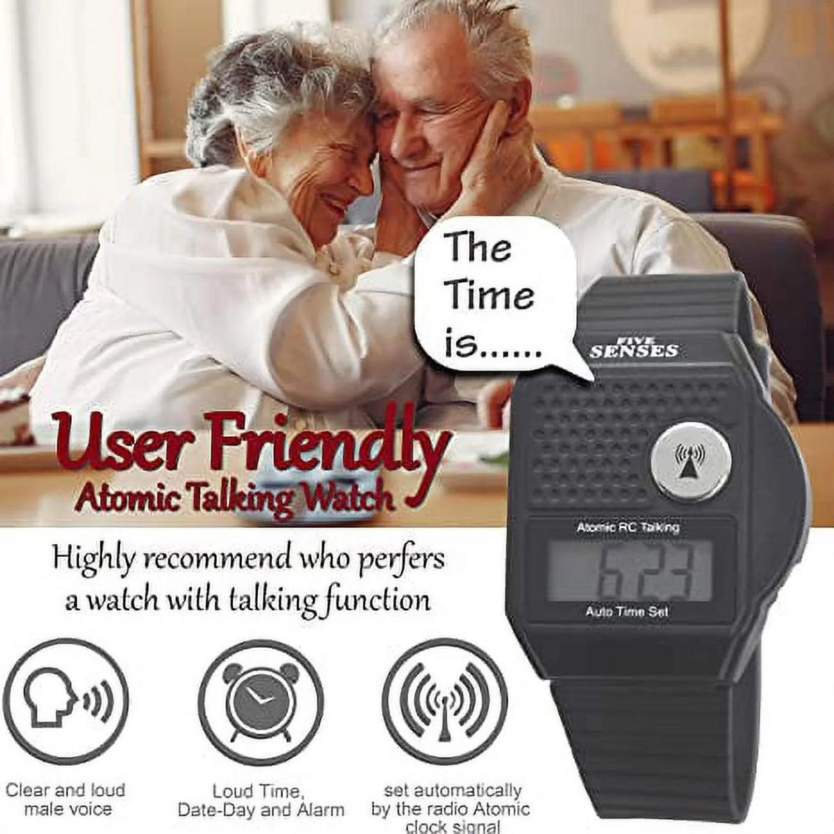 Five Senses English Atomic Talking Watch Easy to use for Seniors Blind Men Ladies Loud Talking Sound Clock for Visually Scarlet - Model 1026 - Plastic Band