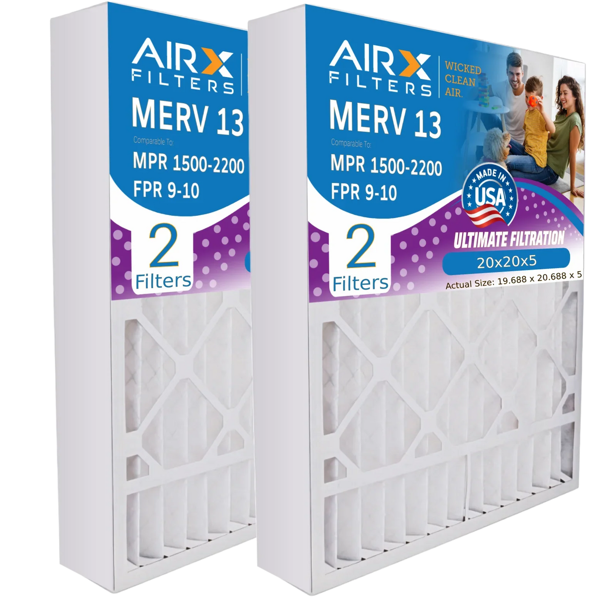 20x20x5 Air Filter MERV 13 Comparable to MPR 1500 - 2200 & FPR 9 Compatible with Ultravation 91-013 Premium USA Made 20x20x5 Furnace Filter 2 Pack by AIRX FILTERS WICKED CLEAN AIR.