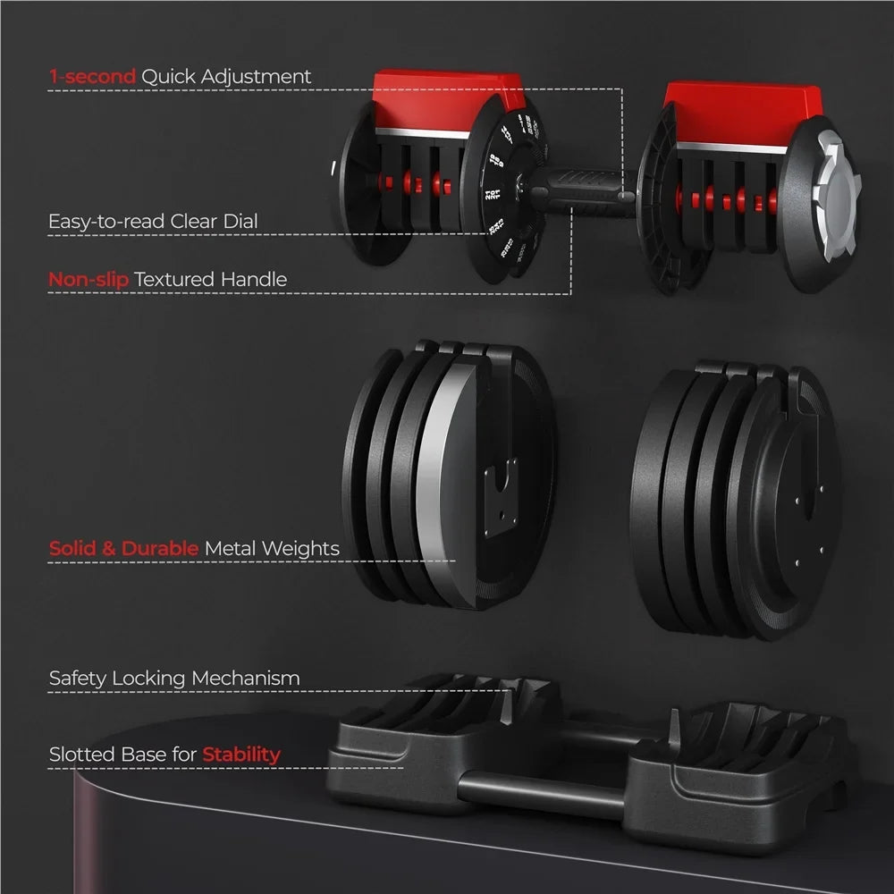 Renwick 7-52.5lbs 3-In-1 Quick-Adjust Dumbbell Weight Set With Anti-Slip Handle, Black
