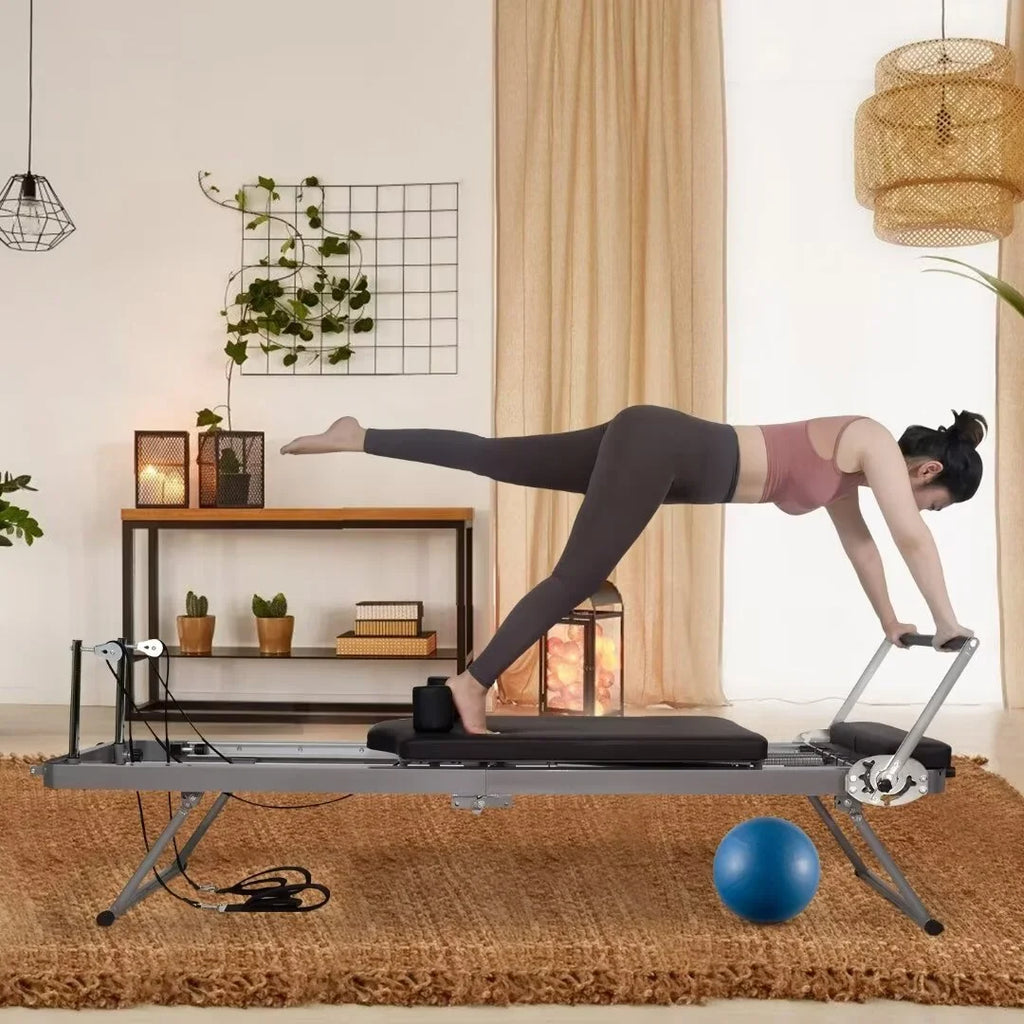 Burgundy Foldable Pilates Reformer,Quiet Pilates Reformer Workout Machine with Spring for Home Gym，Beginners，Up to 300 lbs Weight Capacity