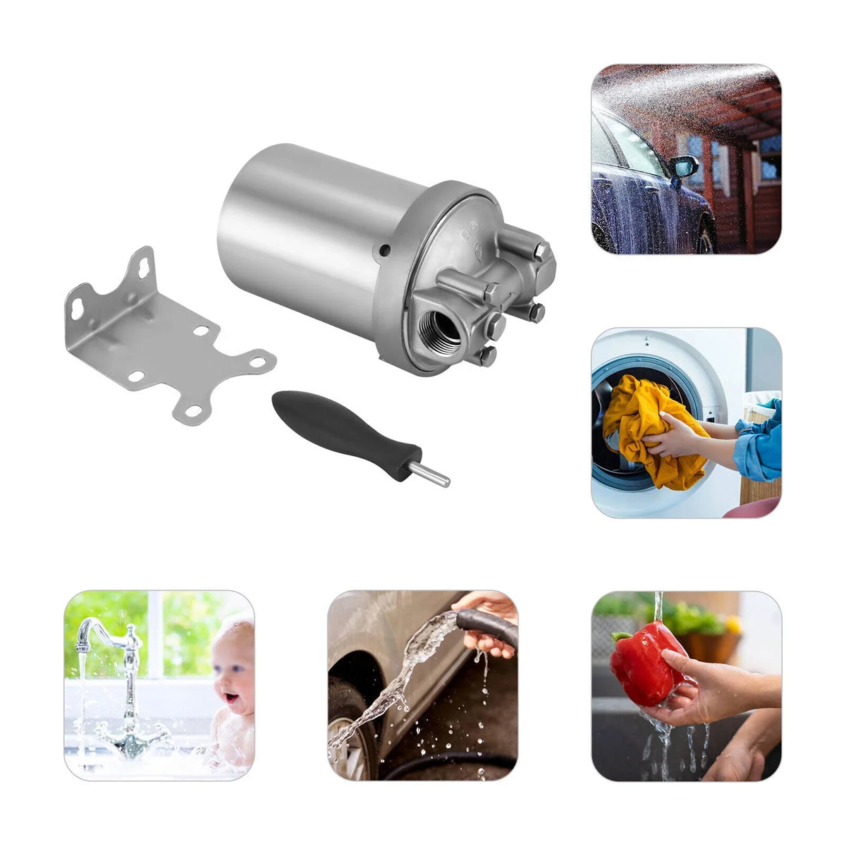Miumaeov Stainless Steel Water Filter Housing Heavy Duty Silver Water Filter Shell 5 inch Filter 3/4 inch NPT Inlet and Outlet Stainless Steel Water Filter Shell with Bracket and Wrench Pin