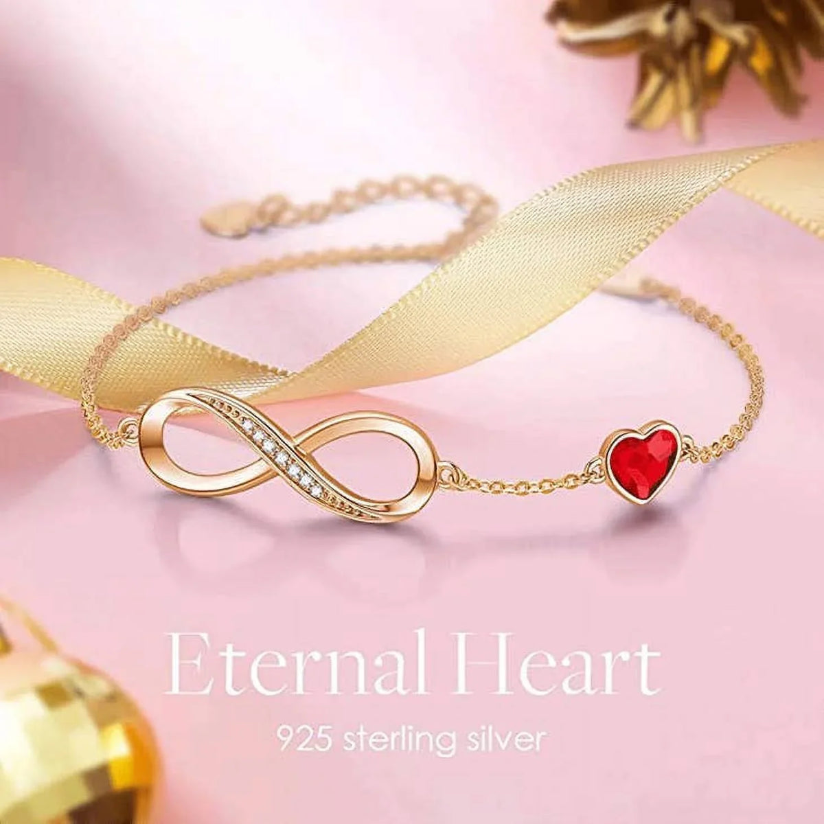 925 Sterling Silver Rose Gold Infinity Crimson Crystal Bracelet