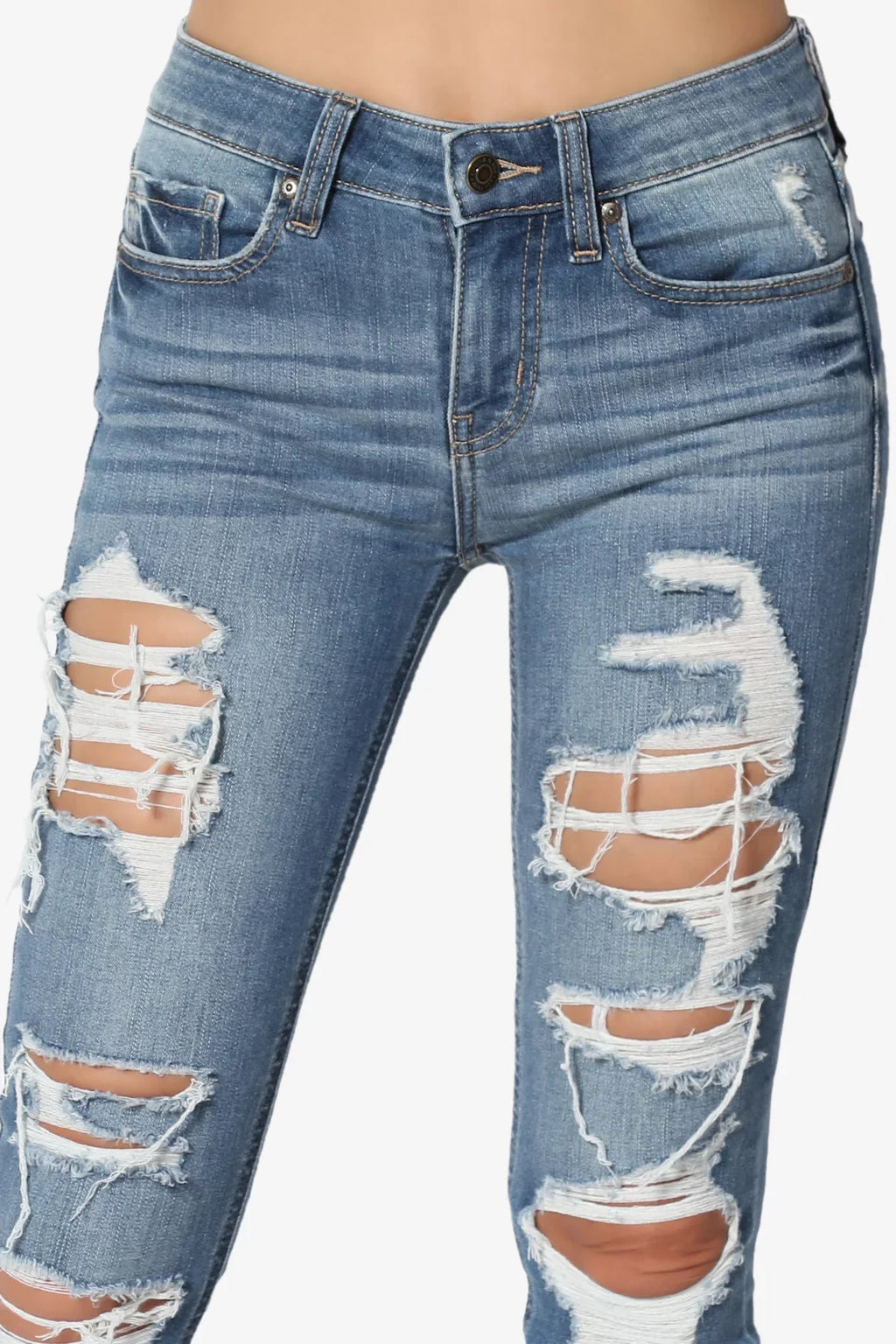 TheMogan Feminine Distressed Ripped Mid Rise Stretch Perfect Skinny Jeans in Deep MD