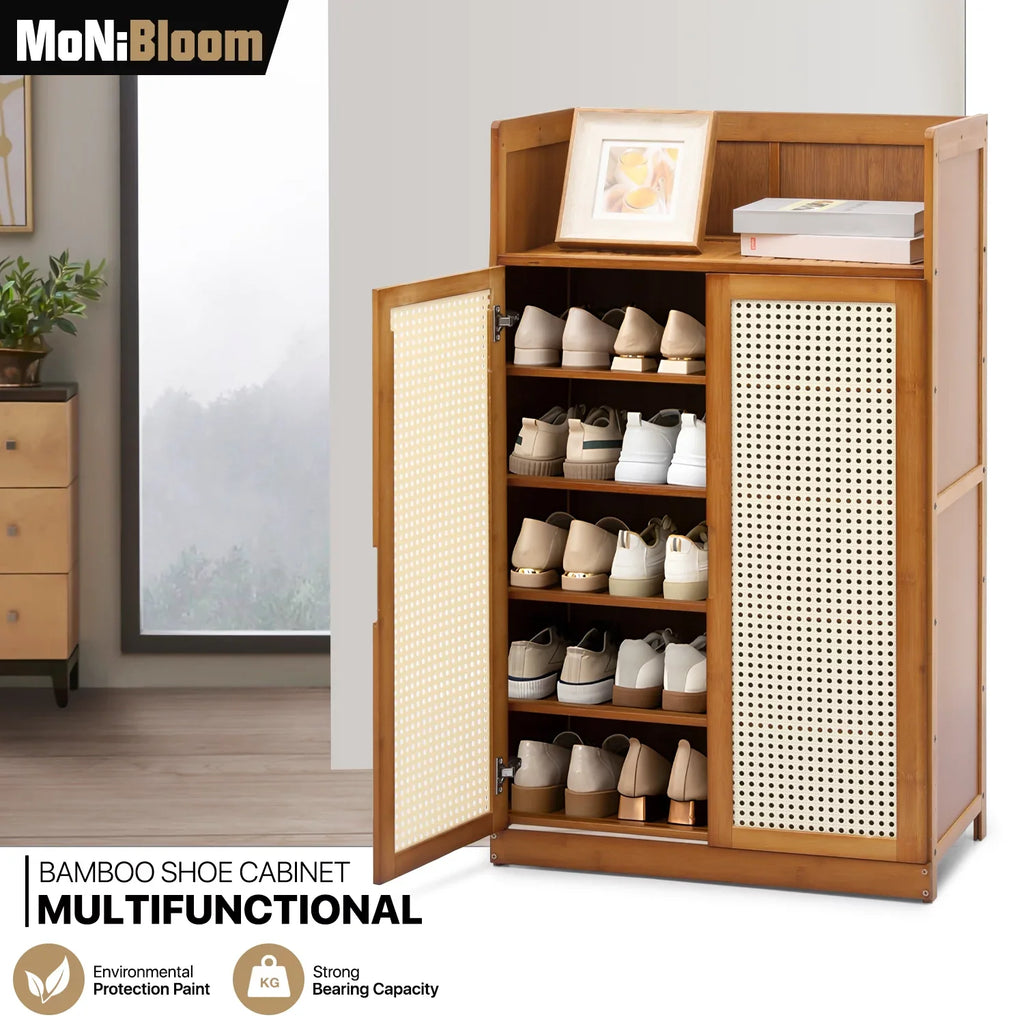 MoNiBloom Bamboo 6-Tiers Shoe Cabinet, 20 Pairs Heels Sneakers Storage Cabinet with ABS Rattan Doors, Shoe Rack Organizer with Wide Countertop and Shelves, Brown