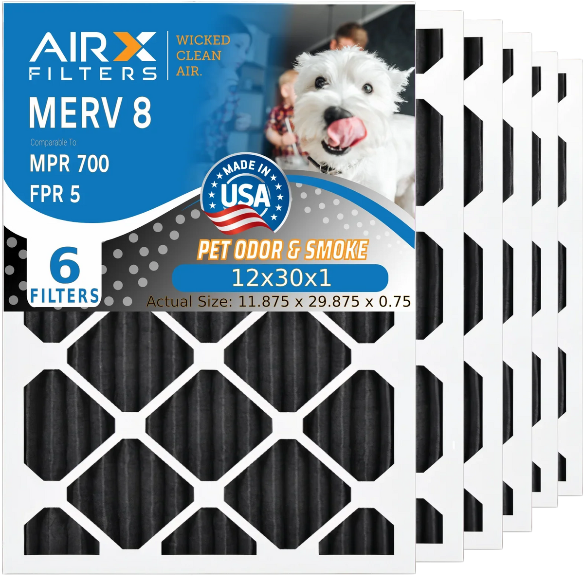 12x30x1 Air Filter Odor Eliminator Carbon Filter MERV 8 Comparable to MPR 700 & FPR 5 AC HVAC Premium USA Made 12x30x1 Furnace Filters by AIRX FILTERS WICKED CLEAN AIR. 6 Pack