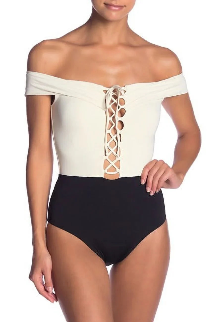 L*Space CREAM/BLACK/CAMEL Anja Off-the-Shoulder One Piece Swimsuit, US 12