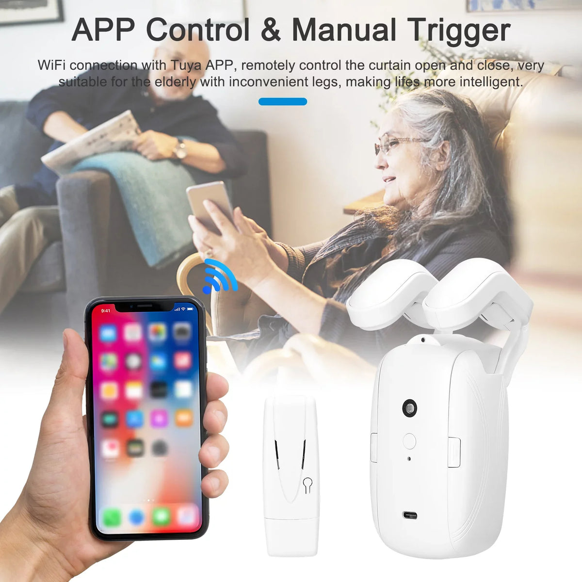 Htovila WiFi Intelligent Curtain Motor Electric Curtain Robot Automatic Opener No Wiring with Gateways Support APP Remote Control Timer Setup & Sensing Compatible with Home for Roman Rod