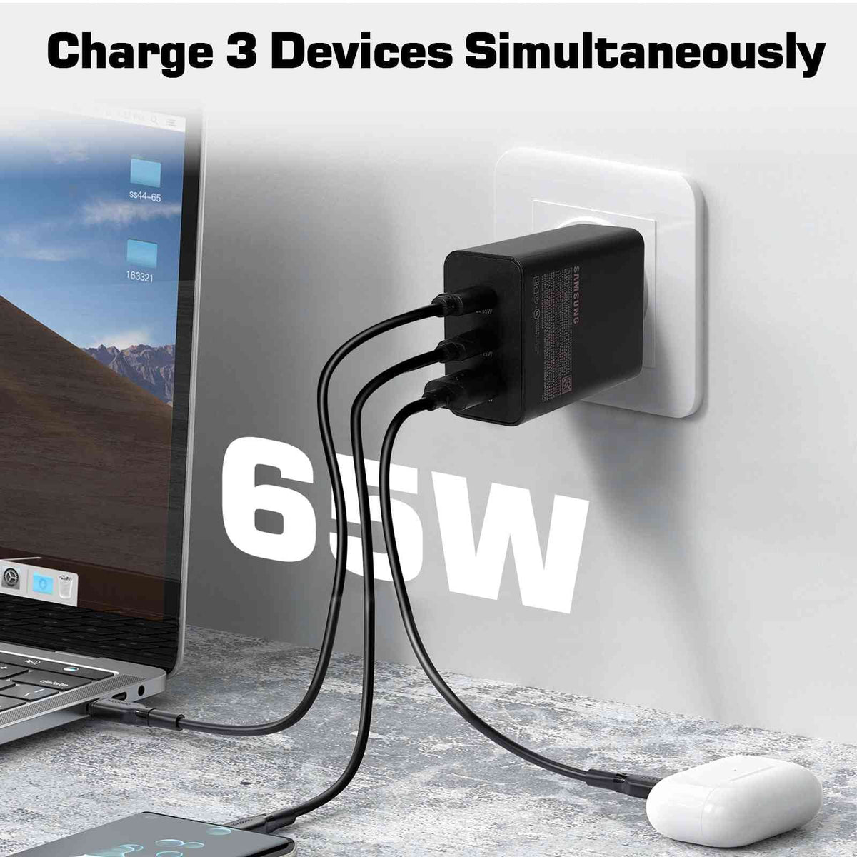 65W Fast Travel Charger with 3 Ports - USB & Dual USB-C - High-Speed Charging for Xperia Z3v/Z3/Z3 Compact/Z2 Tablet LTE/Z2 Tablet Wi-Fi iPhone, Samsung Galaxy, Laptops, Phones Google Pixel, MacBook