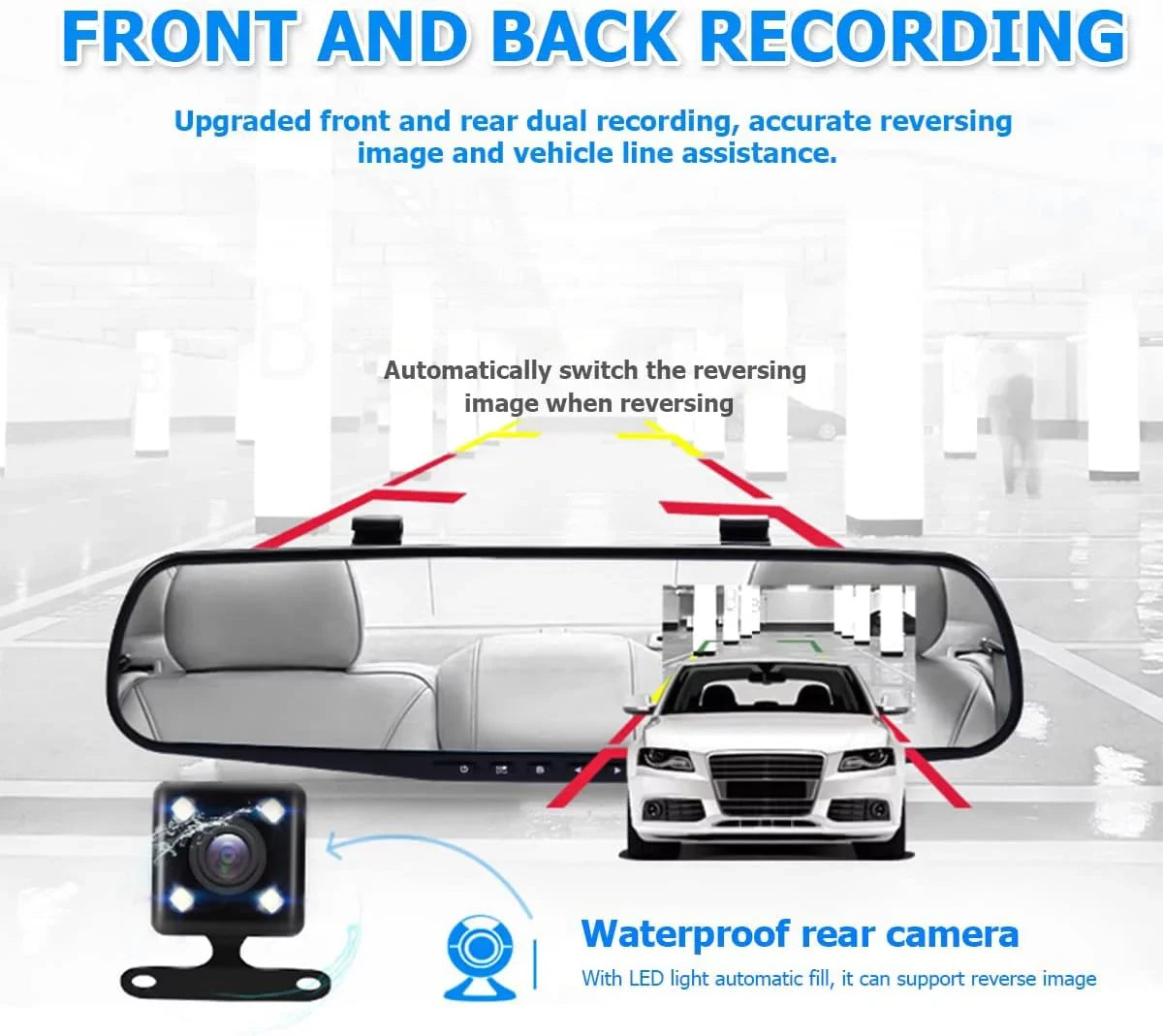 Mirror Dash Cam for Car, 4.3" Backup Smart Rearview Mirror Camera, Waterproof HD 1080P Front and Rear Wide Angle,