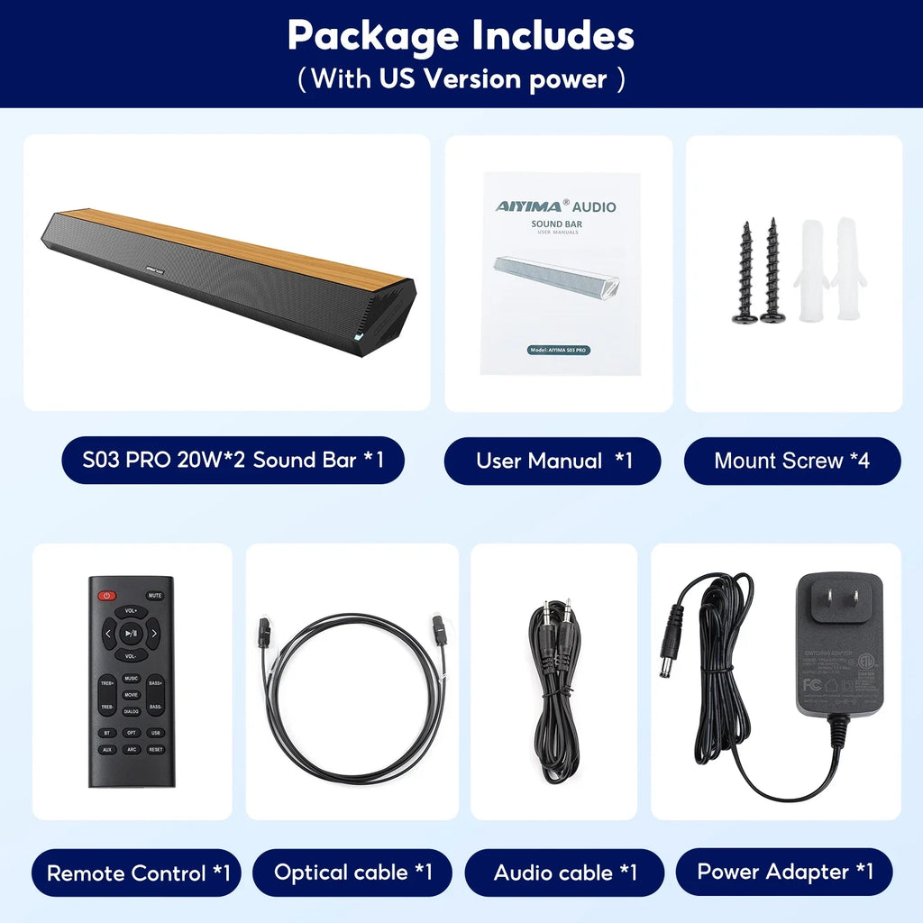 AIYIMA S03PRO Soundbar 28-Inch 60W with HDMI-ARC, Bluetooth 5.0, Optical Coaxial USB AUX Connection, 4 Speakers, 3 EQs, 110dB Surround Sound Bar Home Theater Audio Soundbar System for TV