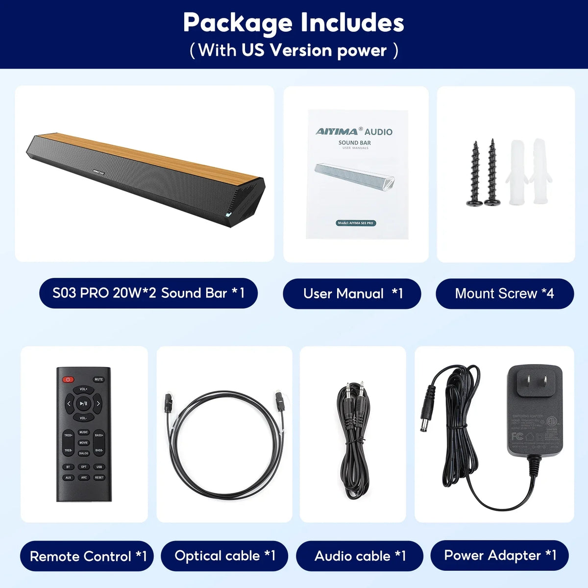 AIYIMA S03PRO Soundbar 28-Inch 60W with HDMI-ARC, Bluetooth 5.0, Optical Coaxial USB AUX Connection, 4 Speakers, 3 EQs, 110dB Surround Sound Bar Home Theater Audio Soundbar System for TV